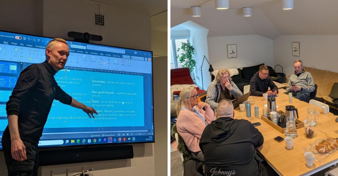 Inomhus, två bilder: Till vänster en man i mörka kläder pekar mot en stor tv-skärm med text på. Till höger, vuxna människor sitter runt ett bord. 